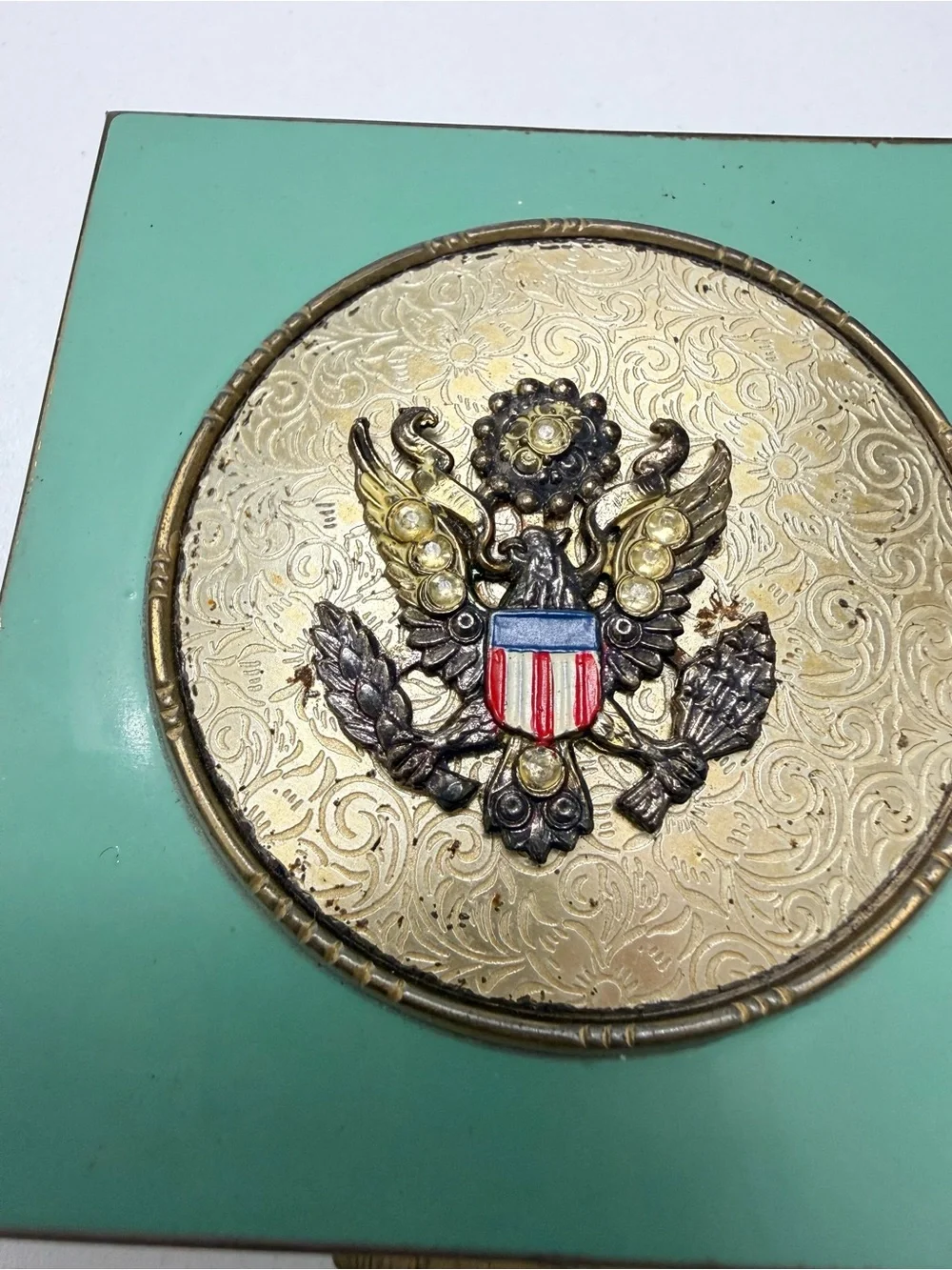 RARE 1940 Vintage Mint Green Enamel WWII Patriotic Makeup Compact Rhinestone